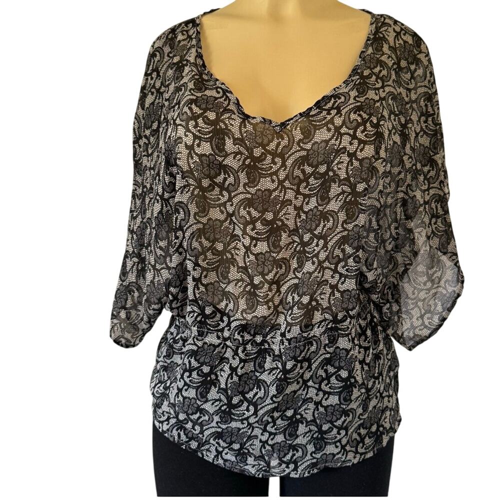 Apt 9 Black Lace Overlay Blouse Women Size L Sheer Semi Sheer Floral Top